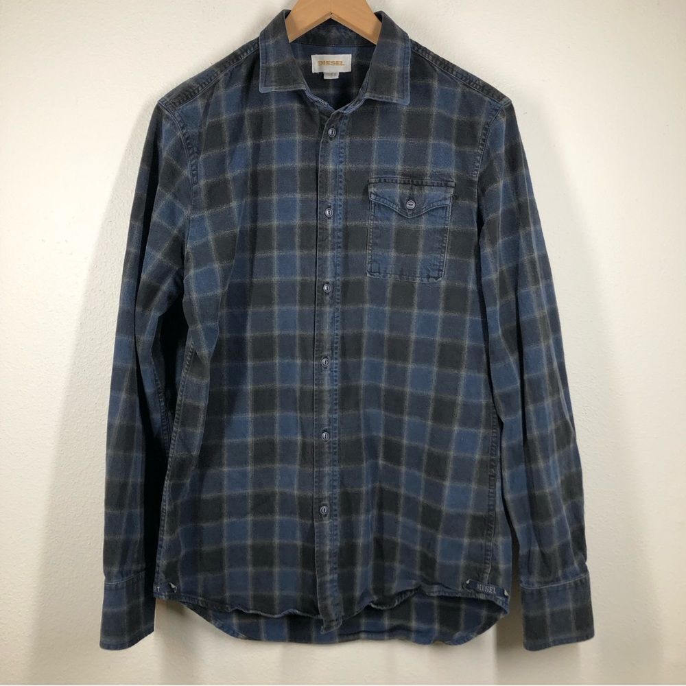 Diesel Mens Plaid Button Down Shirt Blue Black Long Sleeve Collared Pocket Small